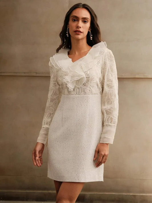 Womens Patchwork Ruffle Trim Long Sleeve Elegant Short Dress