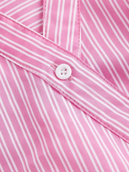 Womens Pink amp White Striped Turndown Collar FoldOver Long Sleeve Business Business Casual