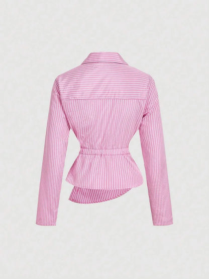 Womens Pink amp White Striped Turndown Collar FoldOver Long Sleeve Business Business Casual