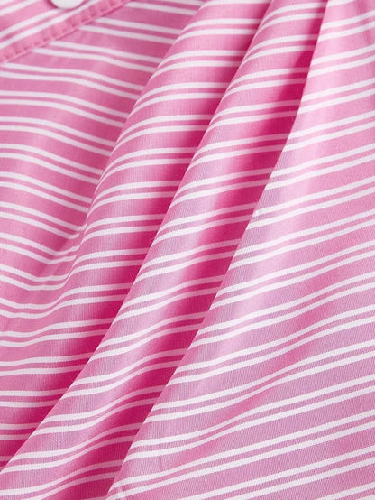 Womens Pink amp White Striped Turndown Collar FoldOver Long Sleeve Business Business Casual