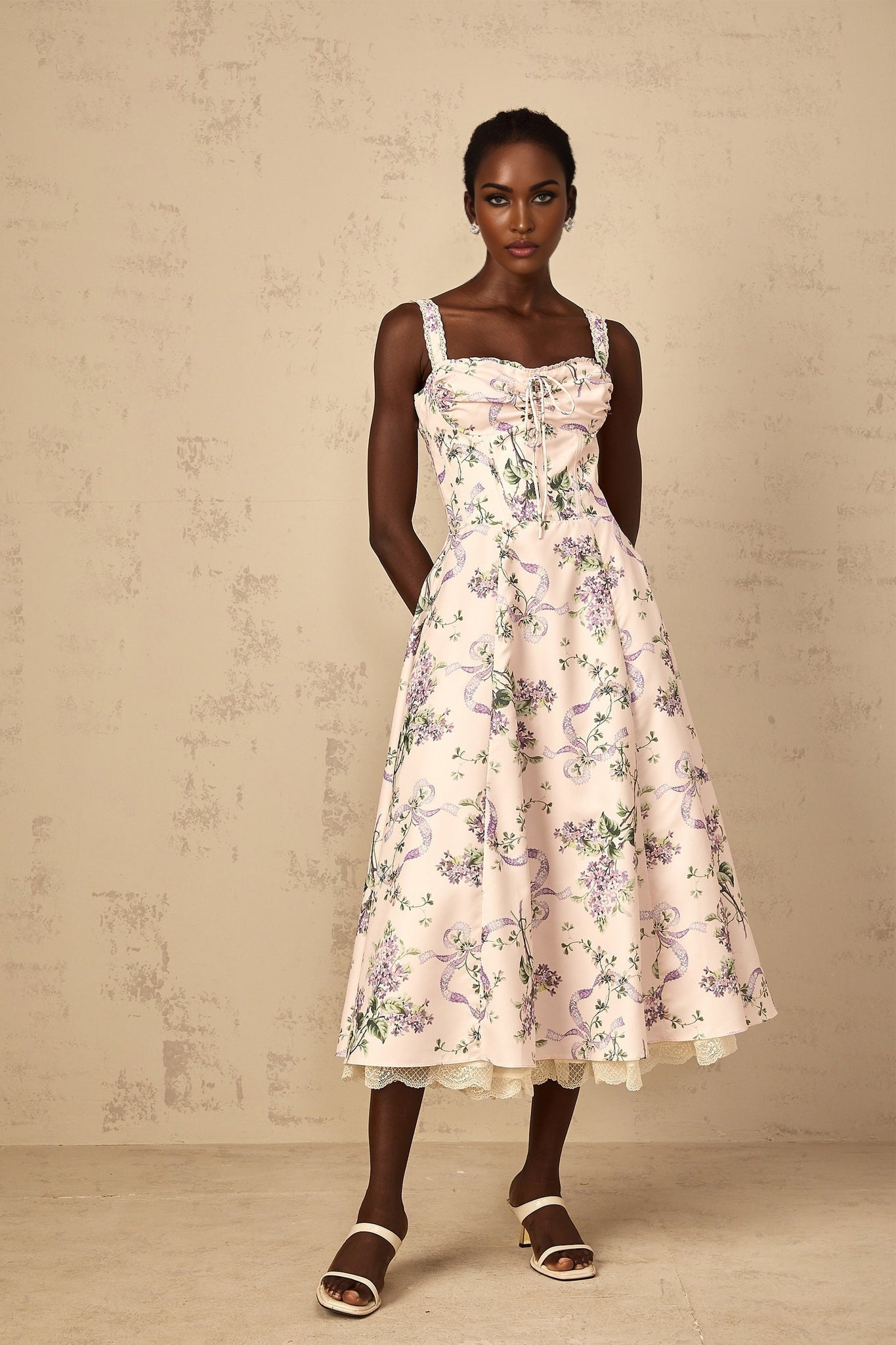 Womens pink midi dress with floral print and shirred detailing