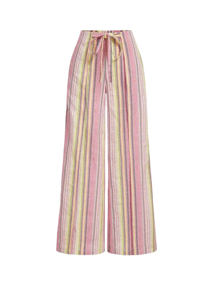 Womens Pink Striped Linen Palazzo Pants Boho Style Casual Trousers Holiday Beach Pants