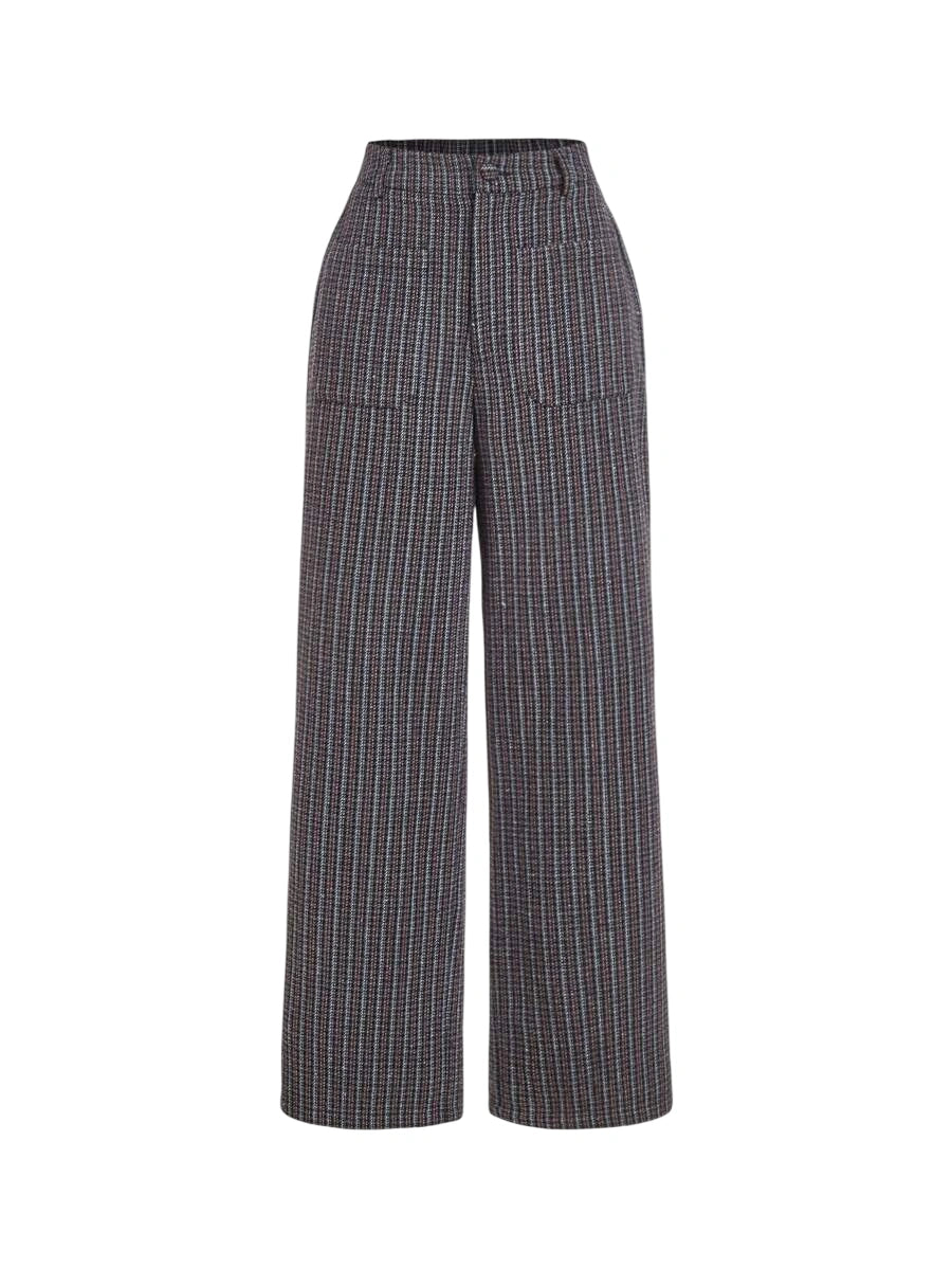 Womens Plaid Double Pocket Wide Leg Loose Casual Pants