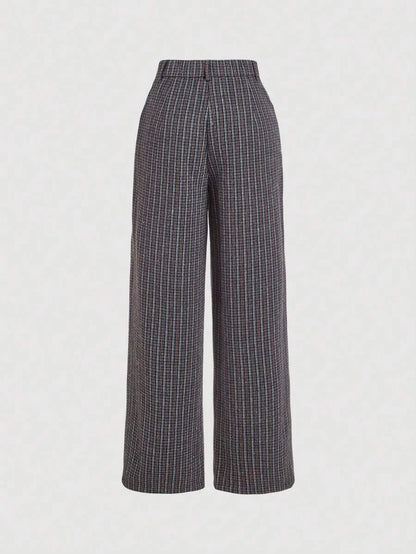 Womens Plaid Double Pocket Wide Leg Loose Casual Pants