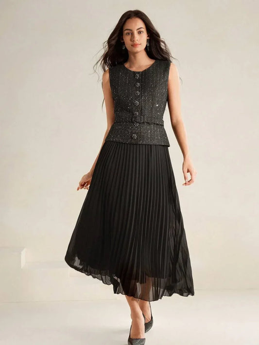 Womens Pleated Chiffon Patchwork Dress 2In1 Maxi Tweed Women Outfit