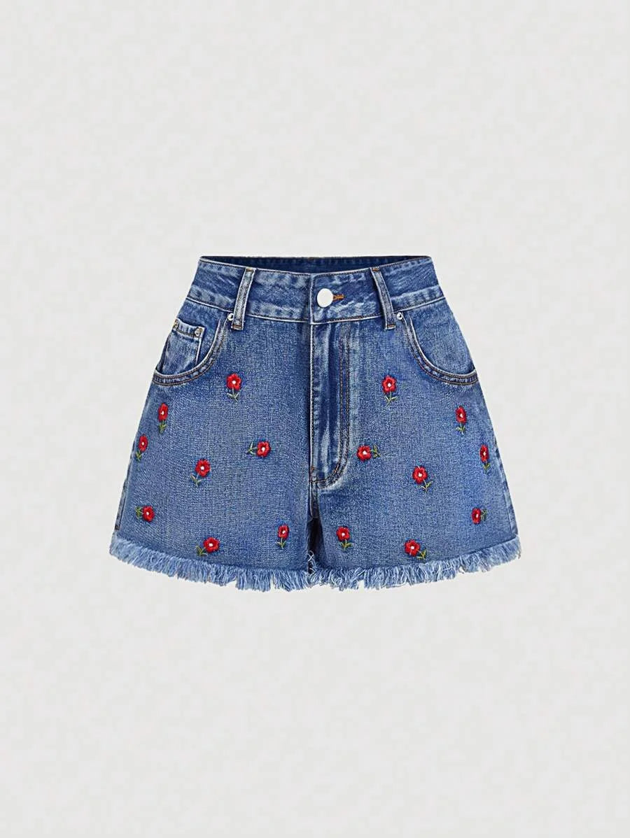 Womens Pocketed Floral Embroidery Frayed Hem Casual Denim Shorts