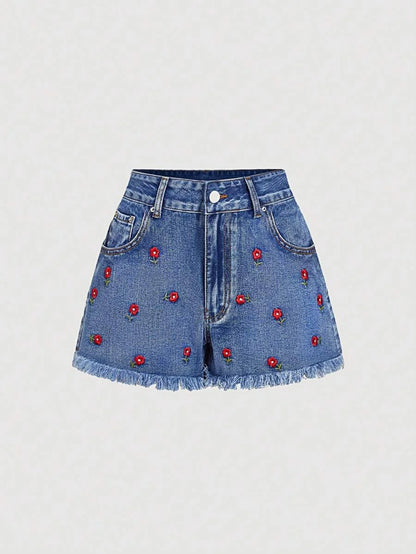 Womens Pocketed Floral Embroidery Frayed Hem Casual Denim Shorts
