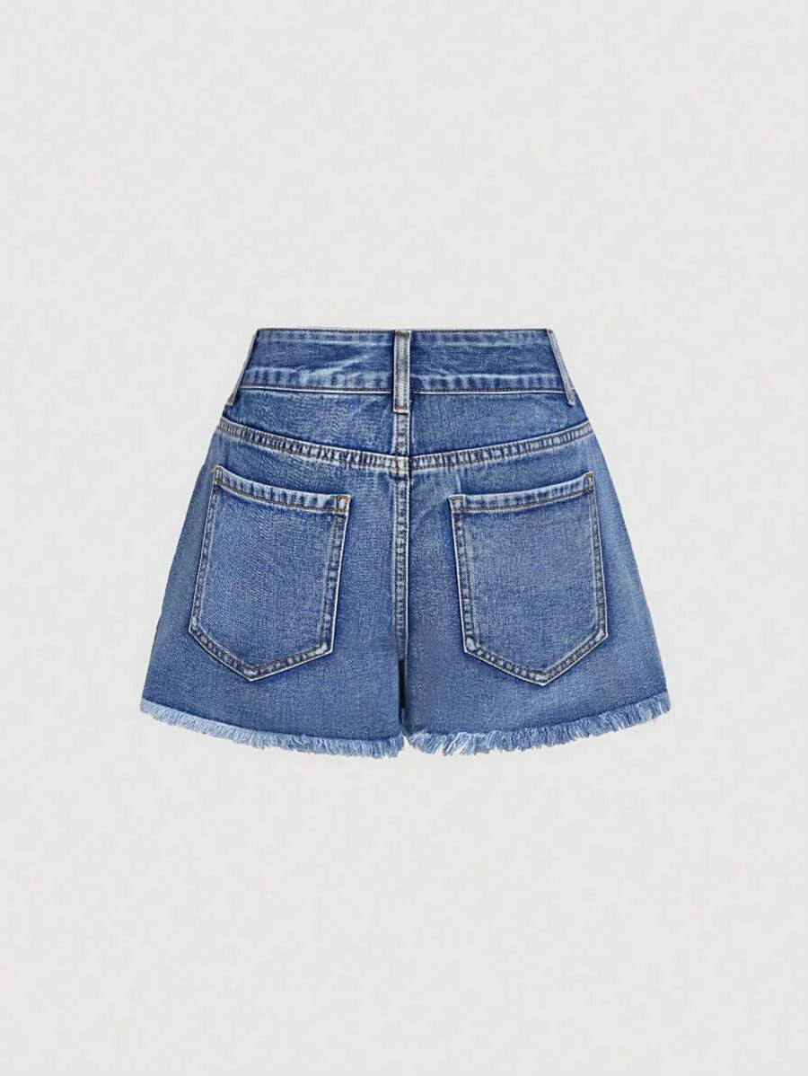 Womens Pocketed Floral Embroidery Frayed Hem Casual Denim Shorts