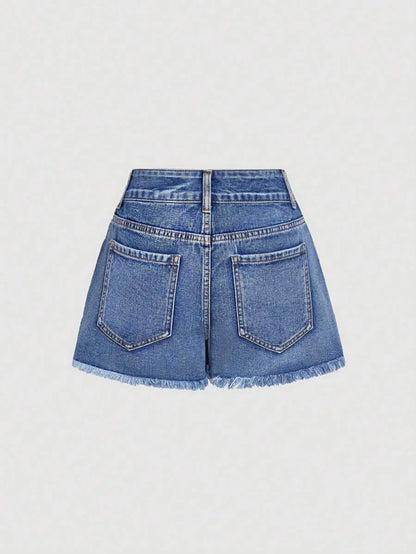 Womens Pocketed Floral Embroidery Frayed Hem Casual Denim Shorts