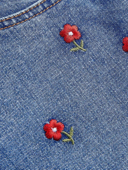 Womens Pocketed Floral Embroidery Frayed Hem Casual Denim Shorts