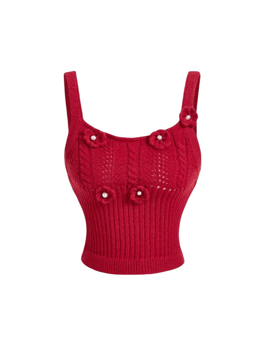 Womens Red Pearl 3D Floral Sleeveless Top Autumn Knitted SweaterKnit Sweater ClothesWinter Women