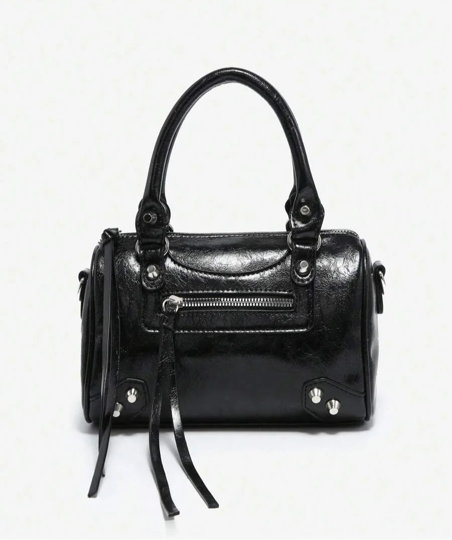 Womens Retro Y2K Motorcycle Punk Style Rivet Decorated Faux OilWax Leather Tote Handbag With
