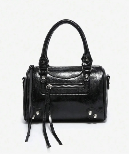 Womens Retro Y2K Motorcycle Punk Style Rivet Decorated Faux OilWax Leather Tote Handbag With