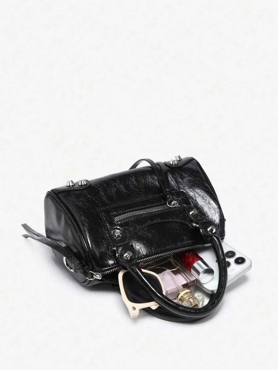 Womens Retro Y2K Motorcycle Punk Style Rivet Decorated Faux OilWax Leather Tote Handbag With