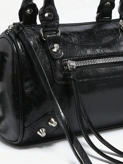 Womens Retro Y2K Motorcycle Punk Style Rivet Decorated Faux OilWax Leather Tote Handbag With