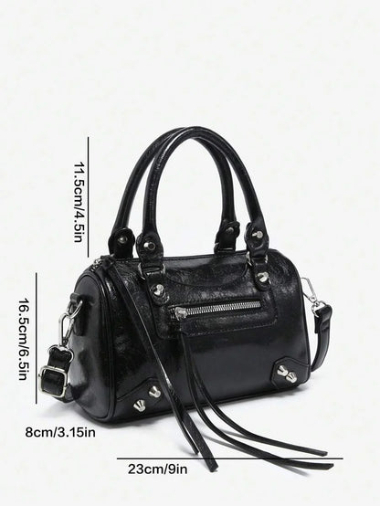 Womens Retro Y2K Motorcycle Punk Style Rivet Decorated Faux OilWax Leather Tote Handbag With