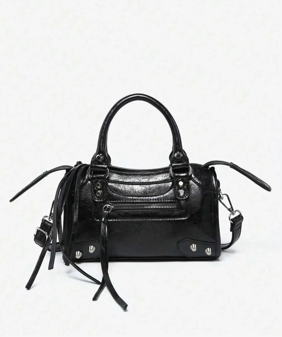 Womens Retro Y2K Motorcycle Punk Style Rivet Decorated Faux OilWax Leather Tote Handbag With