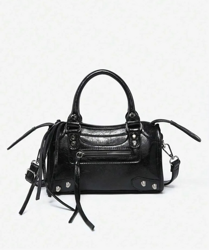 Womens Retro Y2K Motorcycle Punk Style Rivet Decorated Faux OilWax Leather Tote Handbag With