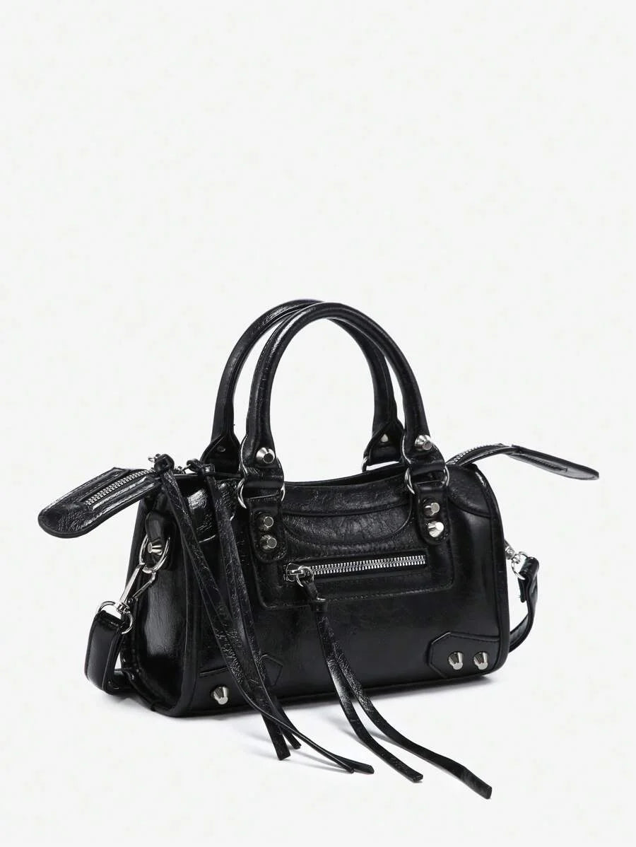 Womens Retro Y2K Motorcycle Punk Style Rivet Decorated Faux OilWax Leather Tote Handbag With