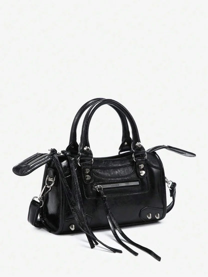 Womens Retro Y2K Motorcycle Punk Style Rivet Decorated Faux OilWax Leather Tote Handbag With