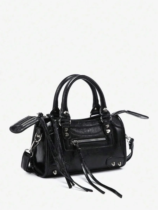 Womens Retro Y2K Motorcycle Punk Style Rivet Decorated Faux OilWax Leather Tote Handbag With