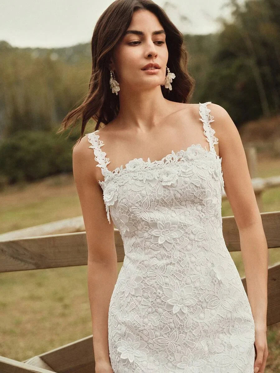 Womens Romantic Elegant Date Personalized 3D WaterSoluble Lace Applique Spaghetti Strap MidCalf