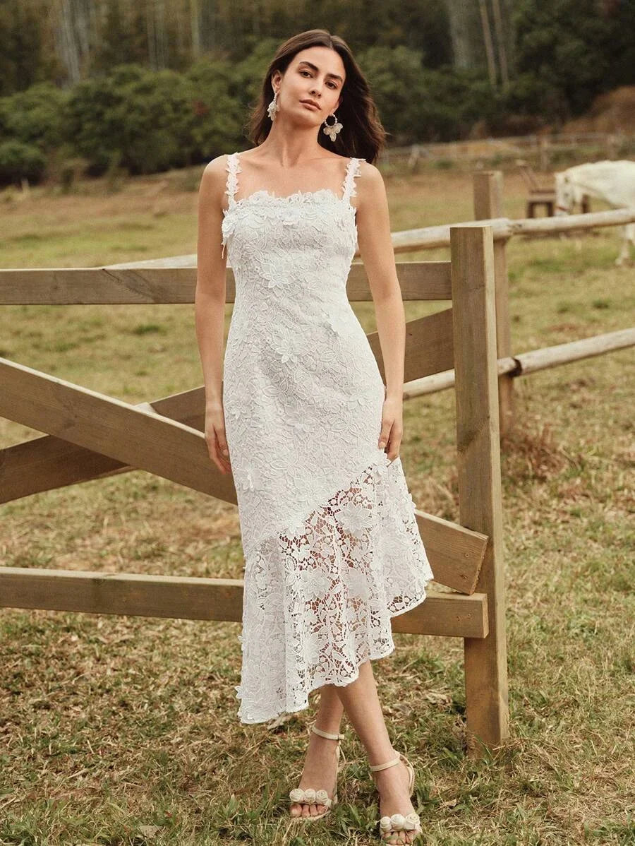 Womens Romantic Elegant Date Personalized 3D WaterSoluble Lace Applique Spaghetti Strap MidCalf