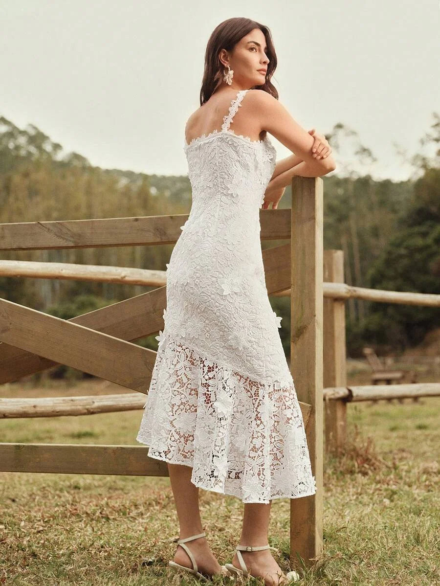 Womens Romantic Elegant Date Personalized 3D WaterSoluble Lace Applique Spaghetti Strap MidCalf