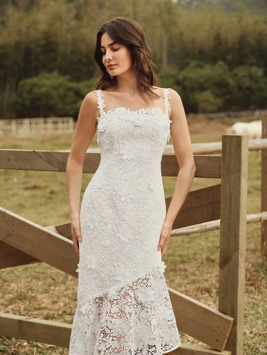 Womens Romantic Elegant Date Personalized 3D WaterSoluble Lace Applique Spaghetti Strap MidCalf