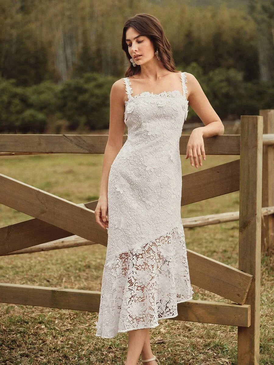 Womens Romantic Elegant Date Personalized 3D WaterSoluble Lace Applique Spaghetti Strap MidCalf