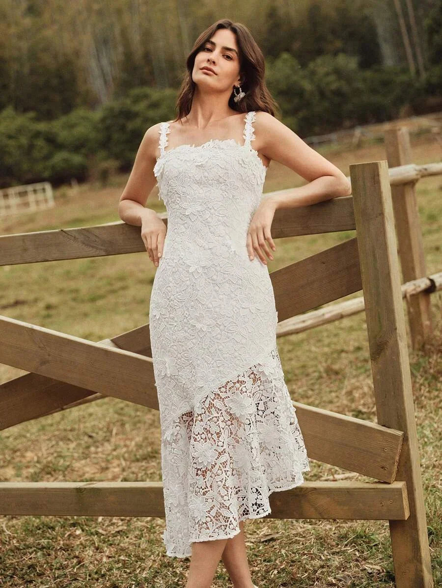 Womens Romantic Elegant Date Personalized 3D WaterSoluble Lace Applique Spaghetti Strap MidCalf