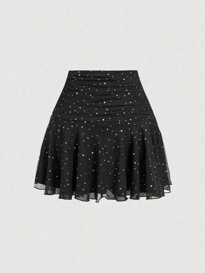 Womens Ruched Sequins Mesh Party Bodycon Mini Skirt Black