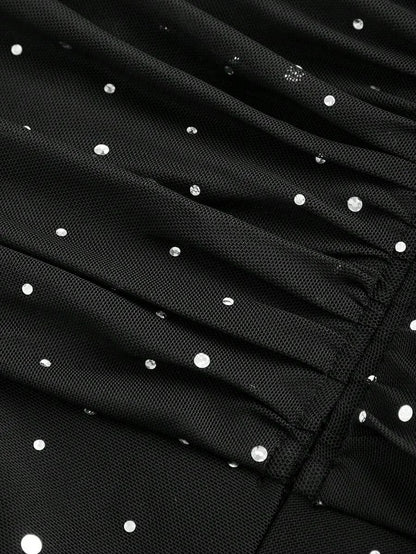 Womens Ruched Sequins Mesh Party Bodycon Mini Skirt Black