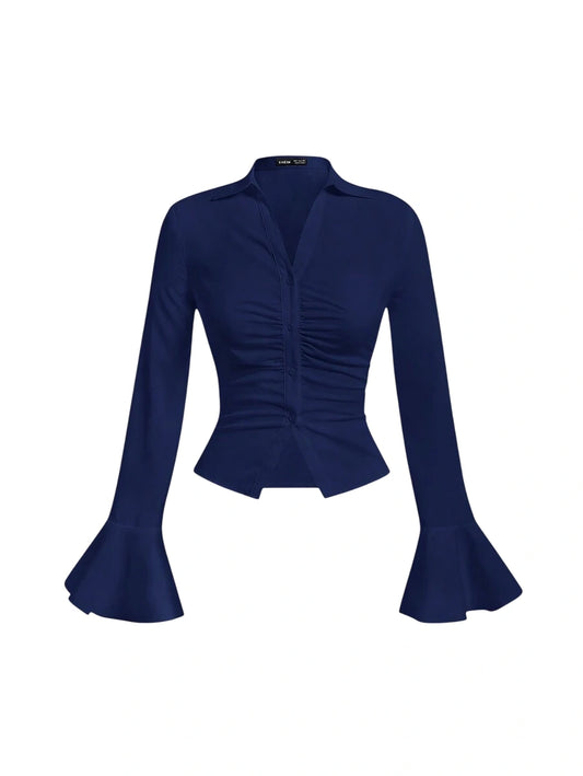 Womens Ruffle Flare Sleeve Crop Top Long Sleeve Tops