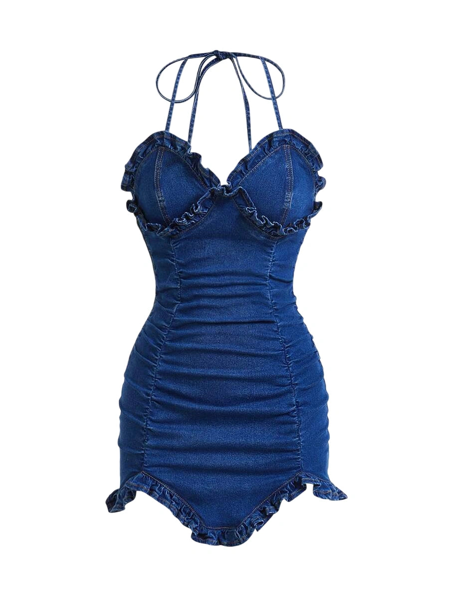 Womens Ruffle Trim Ruched Back Tie Neck Bodycon Denim Dress
