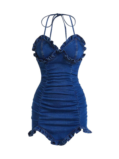 Womens Ruffle Trim Ruched Back Tie Neck Bodycon Denim Dress