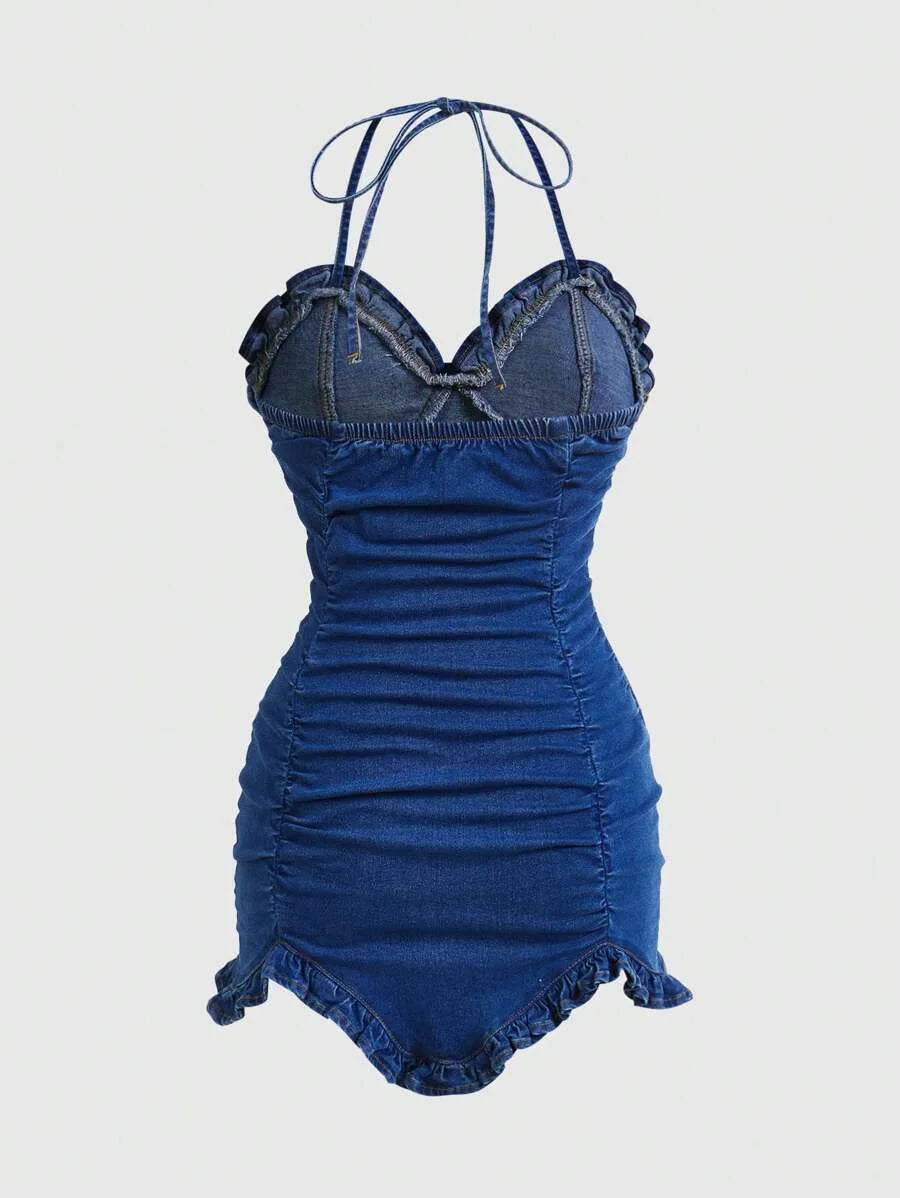 Womens Ruffle Trim Ruched Back Tie Neck Bodycon Denim Dress