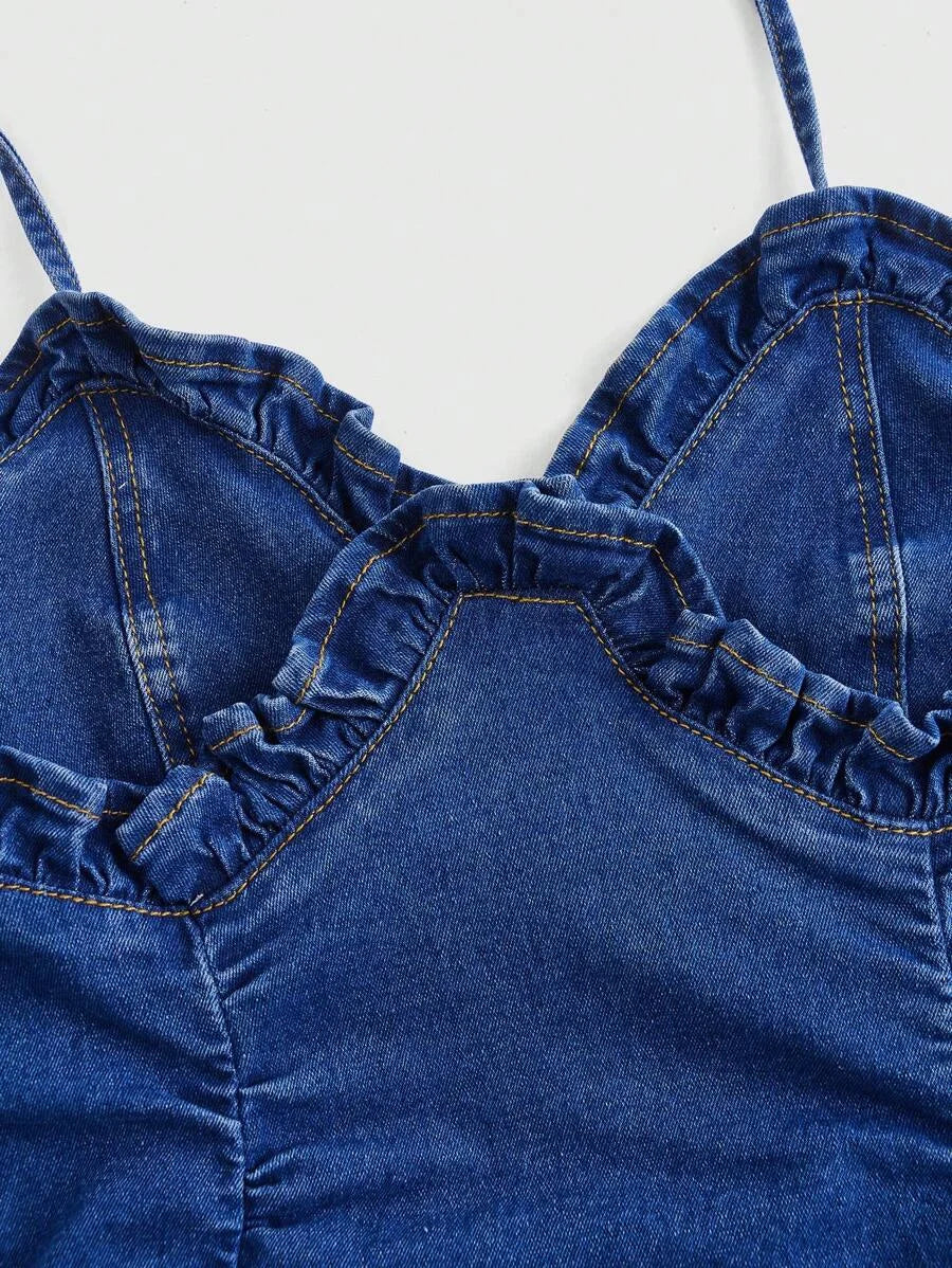Womens Ruffle Trim Ruched Back Tie Neck Bodycon Denim Dress