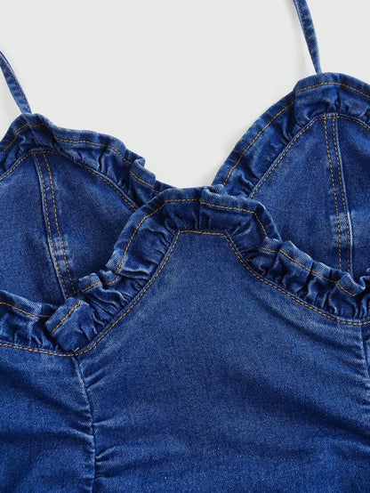 Womens Ruffle Trim Ruched Back Tie Neck Bodycon Denim Dress