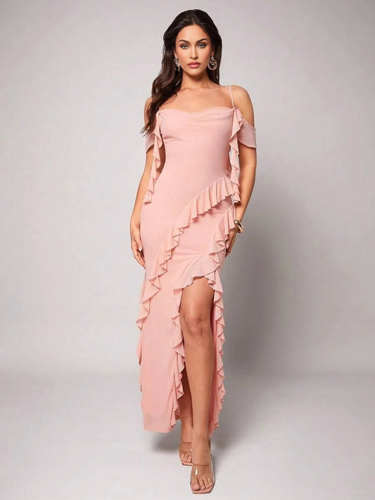 Womens Ruffled High Slit Dress Pink Summer Suitable For Beach Vacation Womens Elegant Dresses