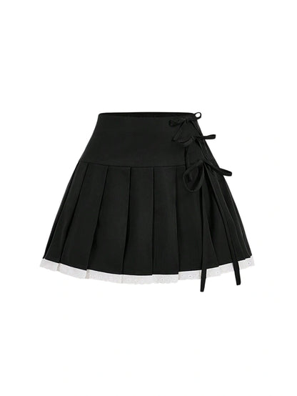 Womens Ruffled Patchwork Bow Pleated Gray Mini Skirt Black Skirt Going Out Skirt Back To School
