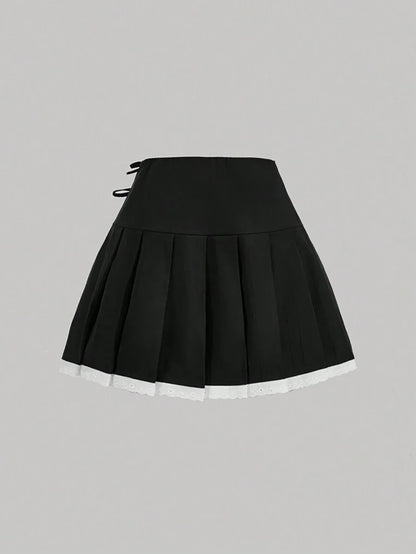 Womens Ruffled Patchwork Bow Pleated Gray Mini Skirt Black Skirt Going Out Skirt Back To School