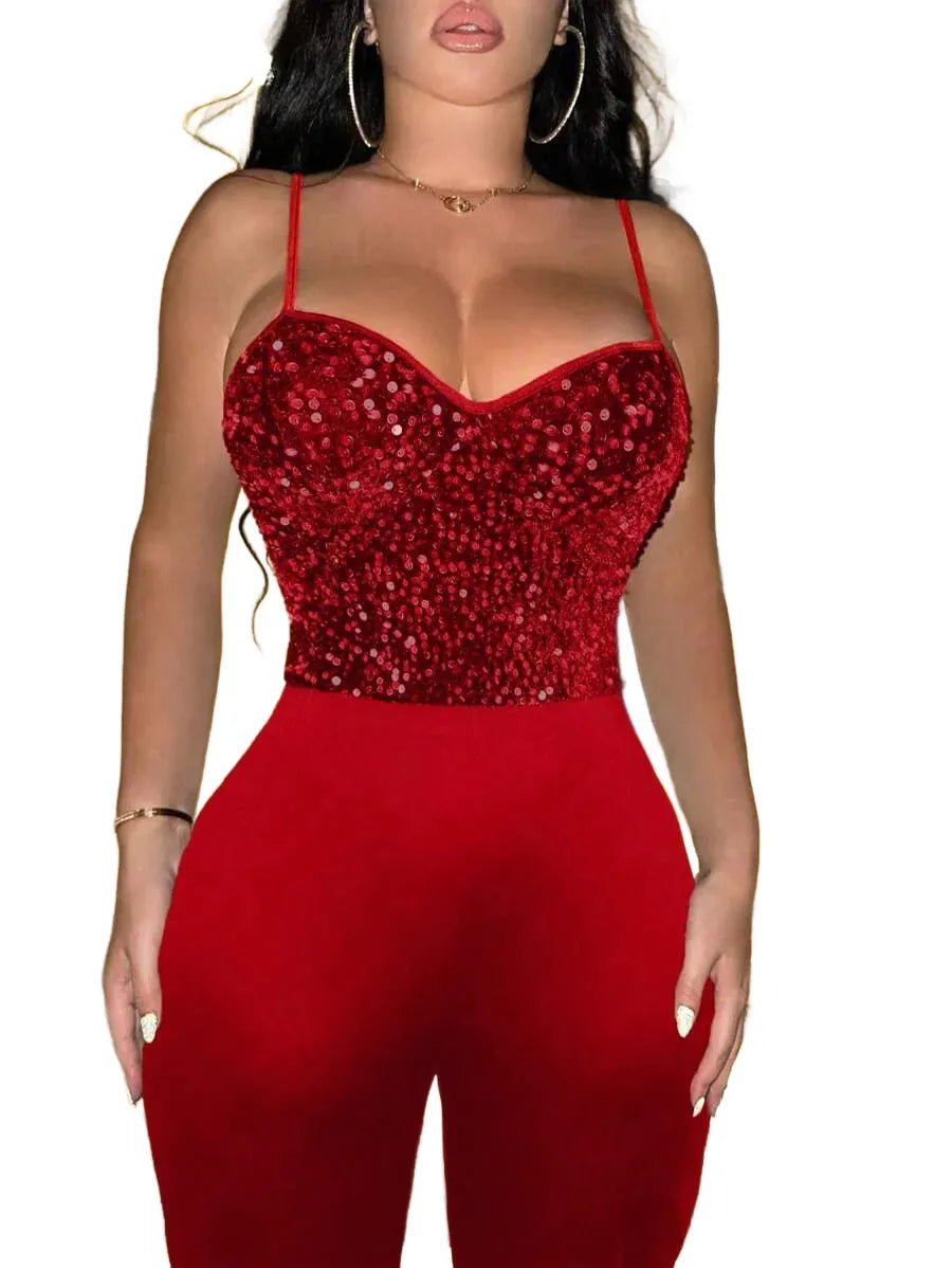 Womens Sequin Detail Spaghetti Strap Jumpsuit