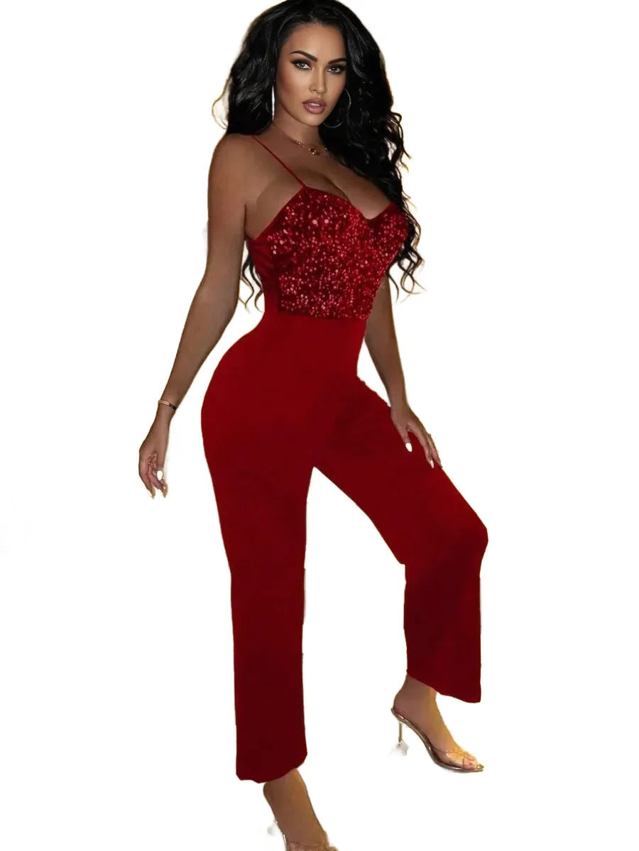 Womens Sequin Detail Spaghetti Strap Jumpsuit