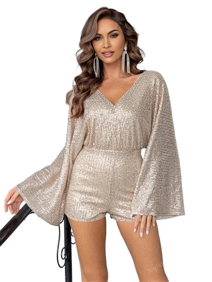 Womens Sequin Embellished Flare Sleeve Jumpsuit Fashionable For Party