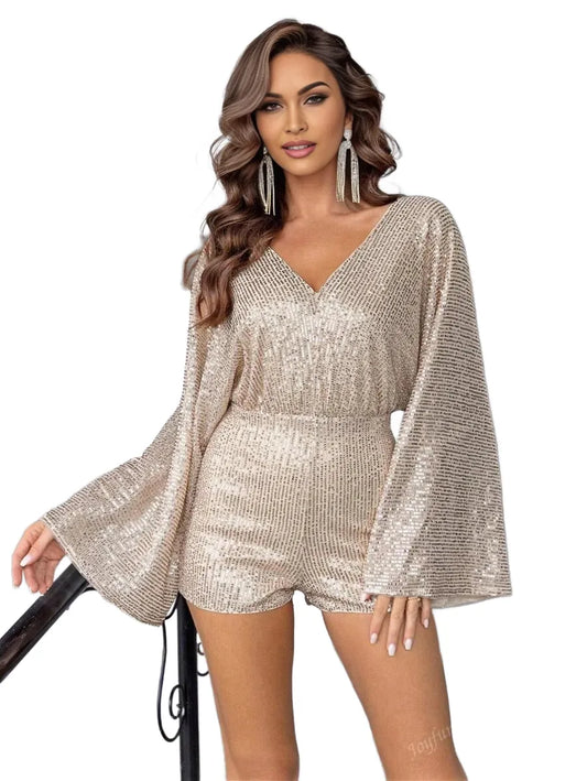 Womens Sequin Embellished Flare Sleeve Jumpsuit Fashionable For Party