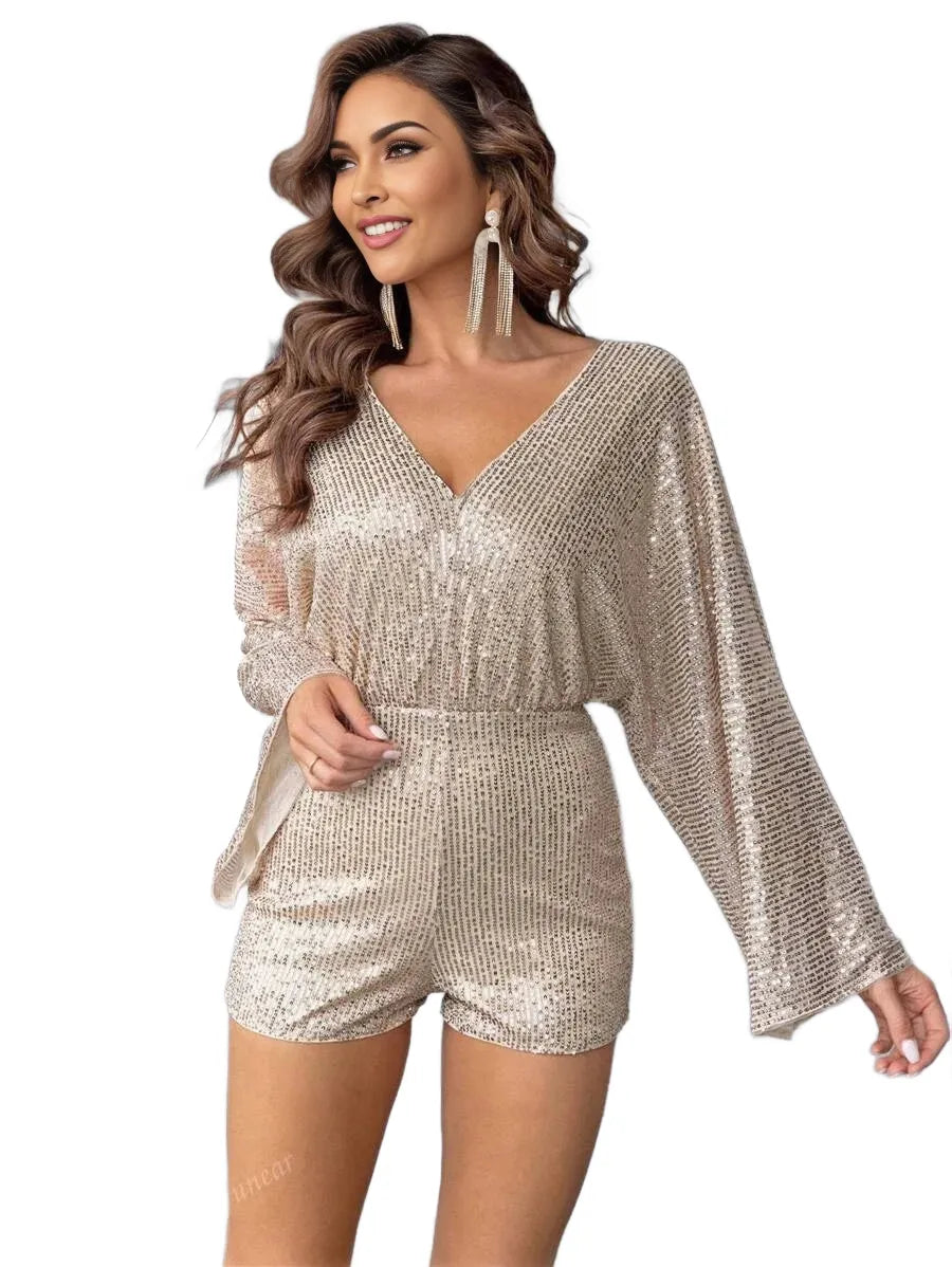 Womens Sequin Embellished Flare Sleeve Jumpsuit Fashionable For Party