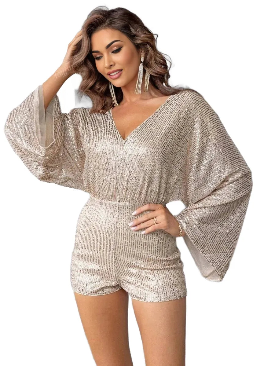 Womens Sequin Embellished Flare Sleeve Jumpsuit Fashionable For Party