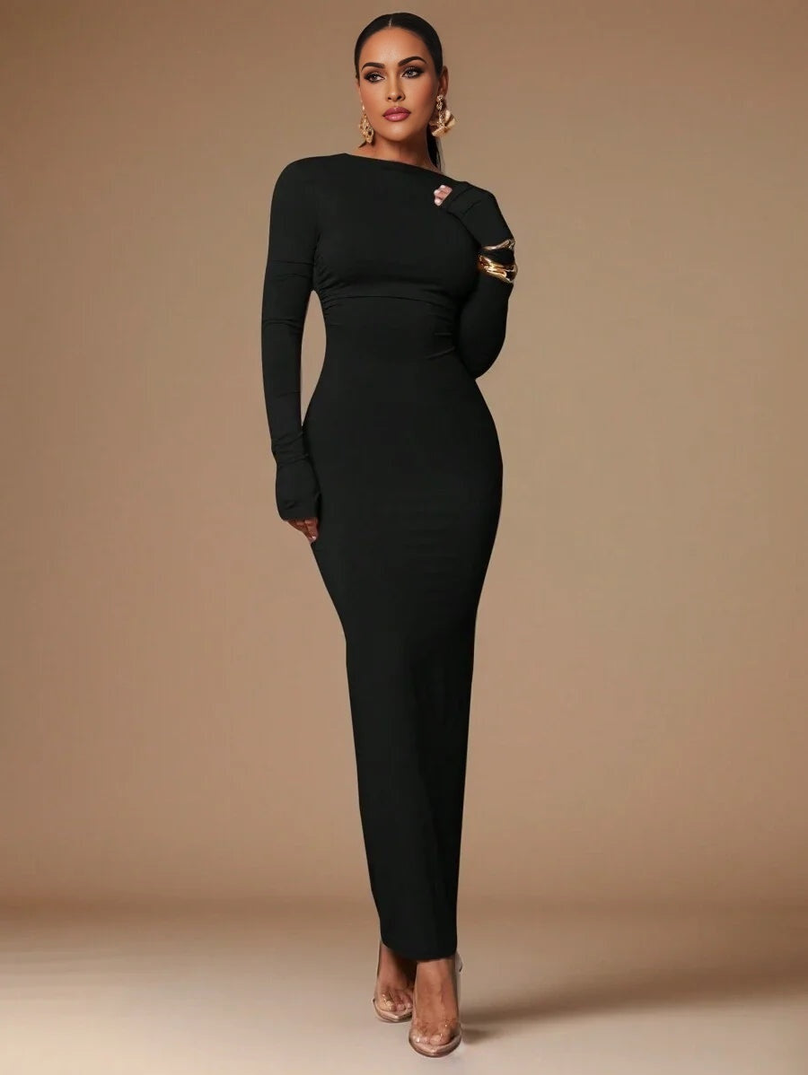 Womens Sexy Backless Waist Ruched Skintight Long Sleeve Dress In Heather Gray