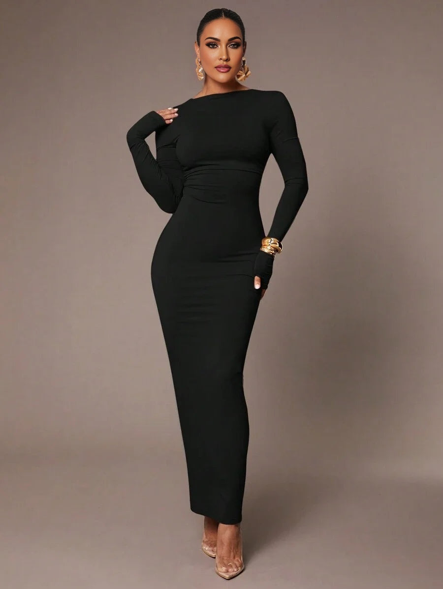Womens Sexy Backless Waist Ruched Skintight Long Sleeve Dress In Heather Gray